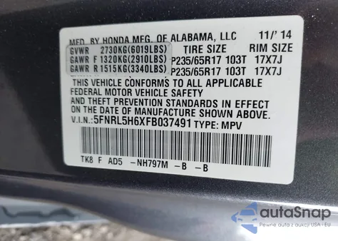 2015 Honda Odyssey Ex-L z USA, uszkodzony, nr VIN 5FNRL5H6XFB037491